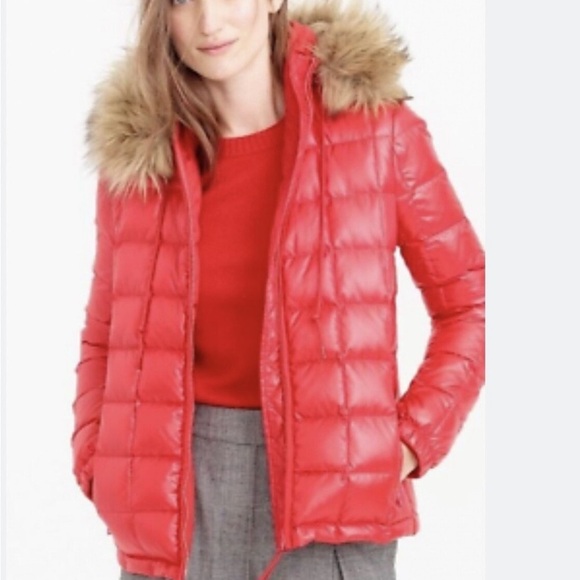 J. Crew Women's Short Puffer Jacket with Faux Fur Hood Peach Size XS - Picture 6 of 6